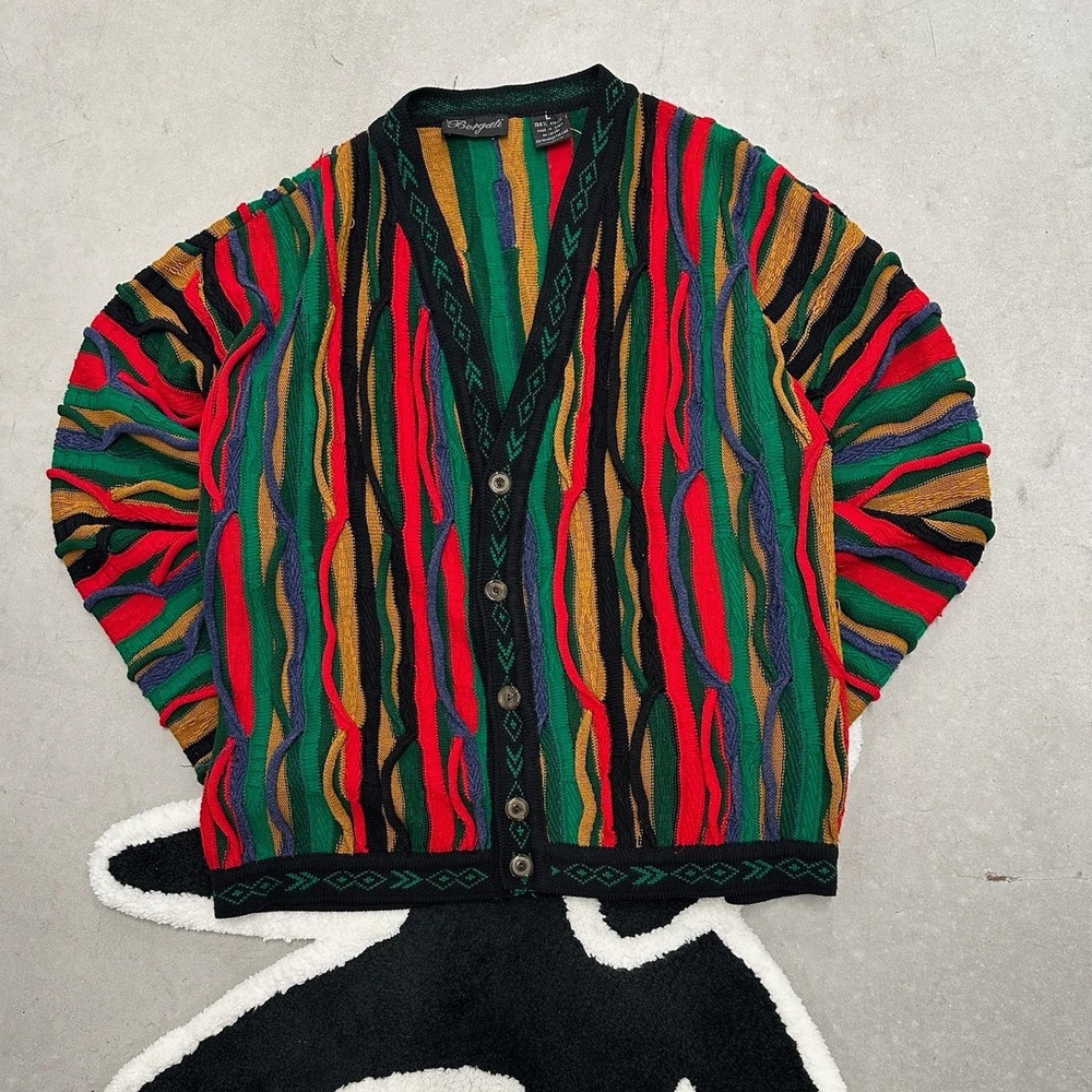 Bergati Vintage 3D Textured Knit Cardigan Sweater Mens Large Coogi Style Multi‎